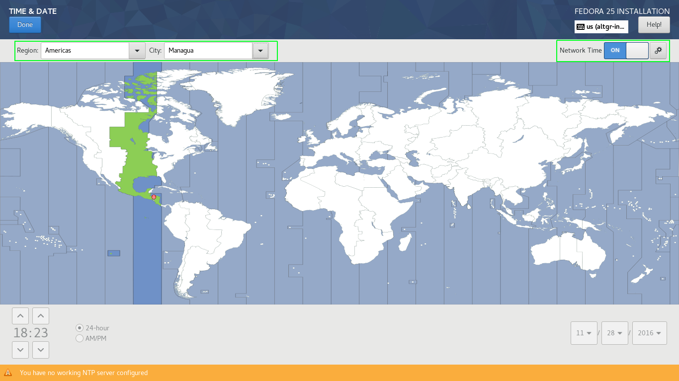 Set the time zone to my region and the source for it as Network Time on