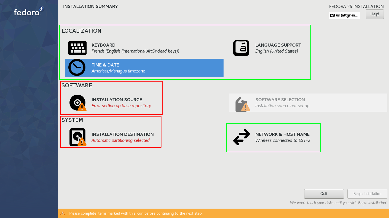 Keyboard, Language Support, Time and Date, Network and Host Name are set