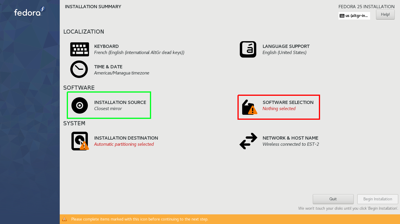 Pending Software Selection and Installation Destination