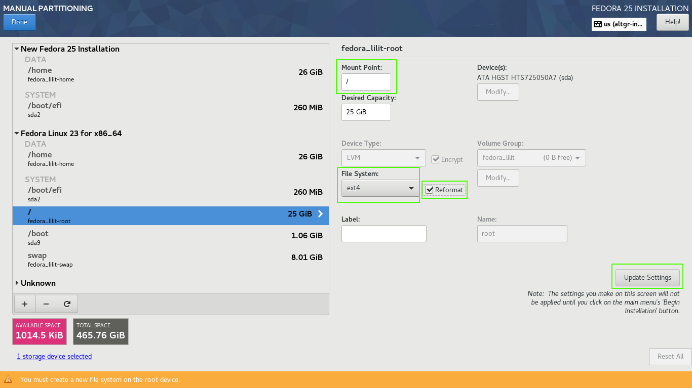 Setting the old / partition, this is going to be reformated for the new install