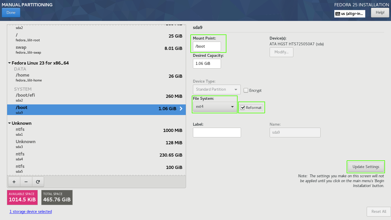 Reformatting the old /boot partition to remove the old kernels